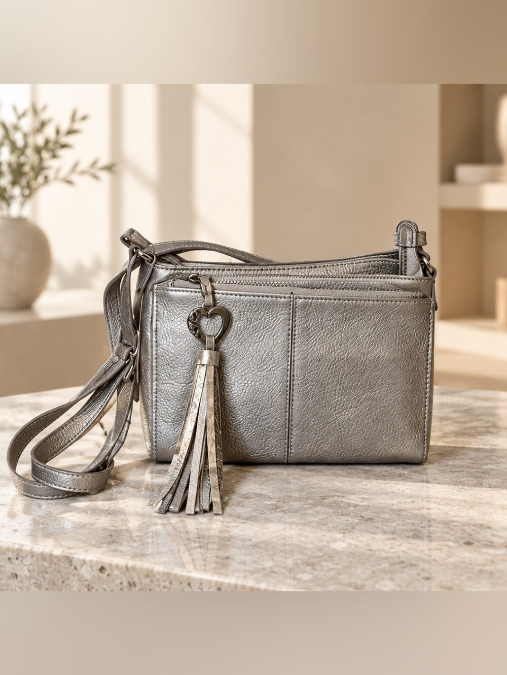 Brighton Metallic Silver Pebbled LEATHER Crossbody with Heart Tassel EUC
